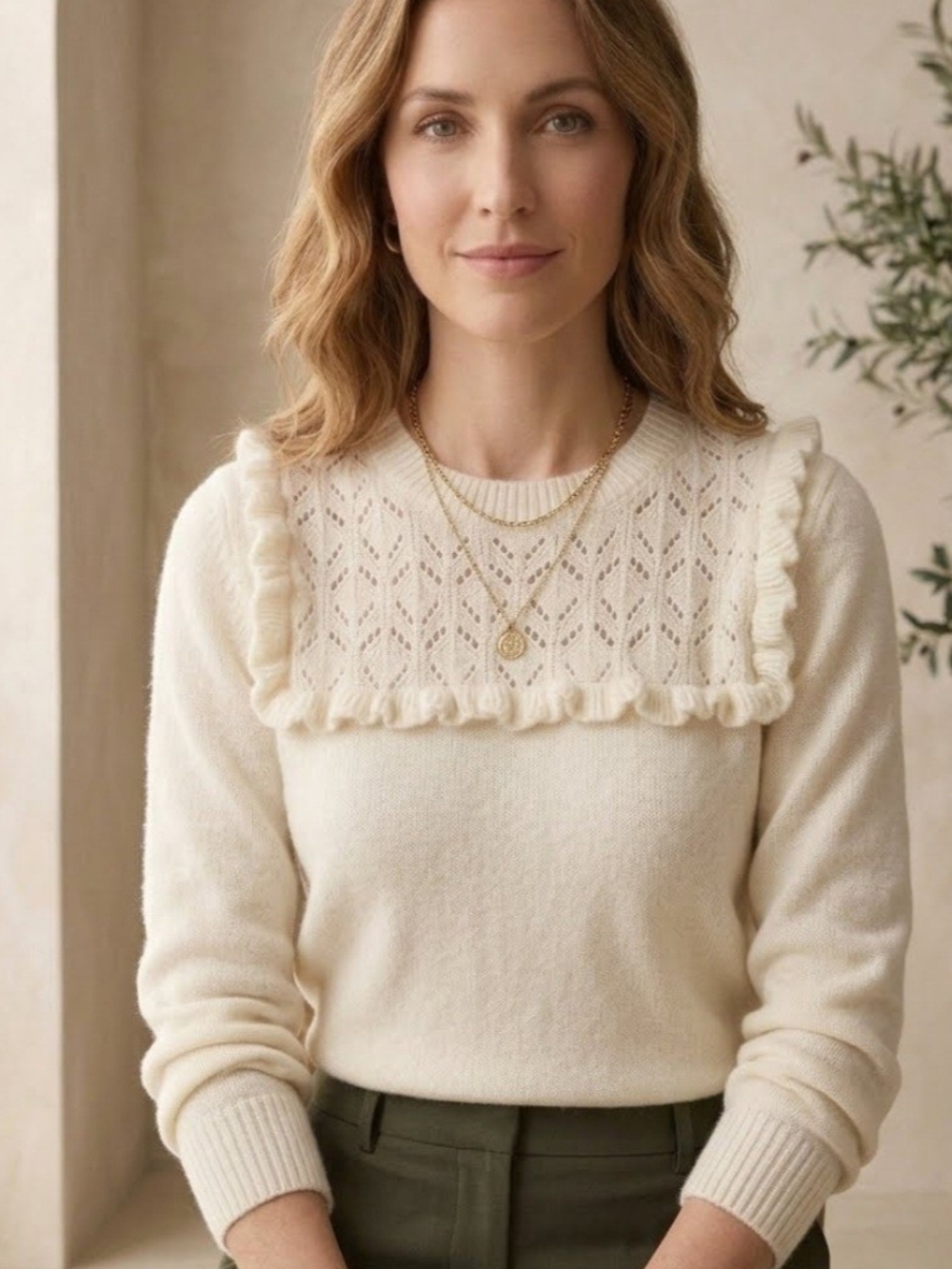 Talbots Women’s Cream Ruffled Yoke Sweater size L - Picture 4 of 15